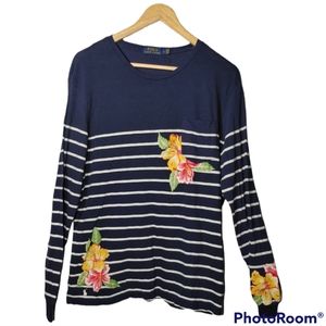 Polo Ralph Lauren Women Neck Stripe Floral Long Sleeve Top Pocket Pony Shirt L